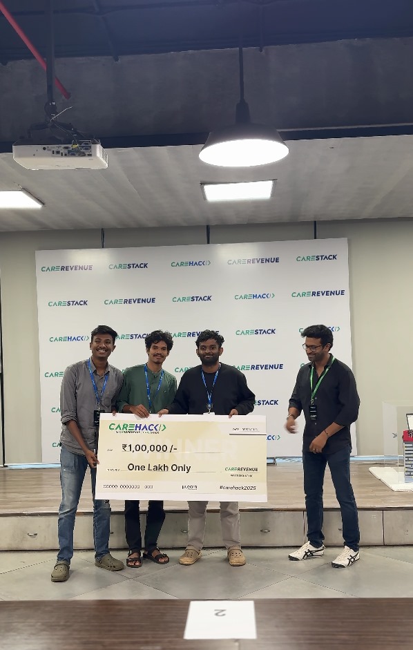 S7 Applied Electronics Students - Aswinkrishna T.U., Rahul Sam & Muhammed Binshad of College of Engineering Trivandrum have won the CareHack hackathon prize of Rs. 1 Lakh for developing CareGame -  a simple and fun game that helps parents spot early signs of cognitive or emotional challenges in their children
